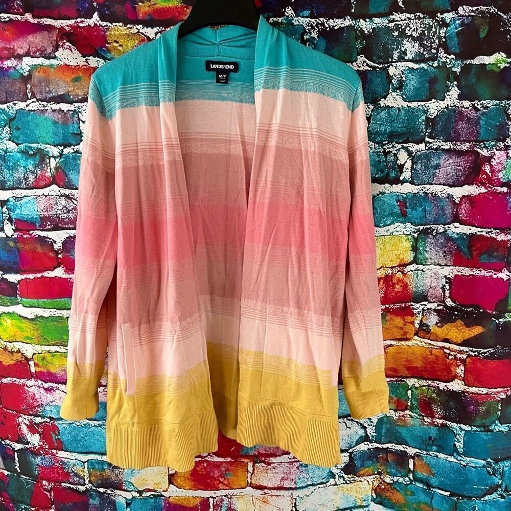 Lands' End Multi Color Striped Open Front Cardigan Style Sweater Size Medium Pet